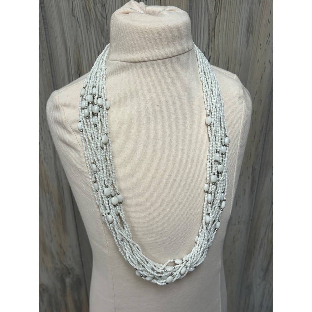 White Multi-Strand Seed Bead Statement Necklace Silver Tone Clasp India